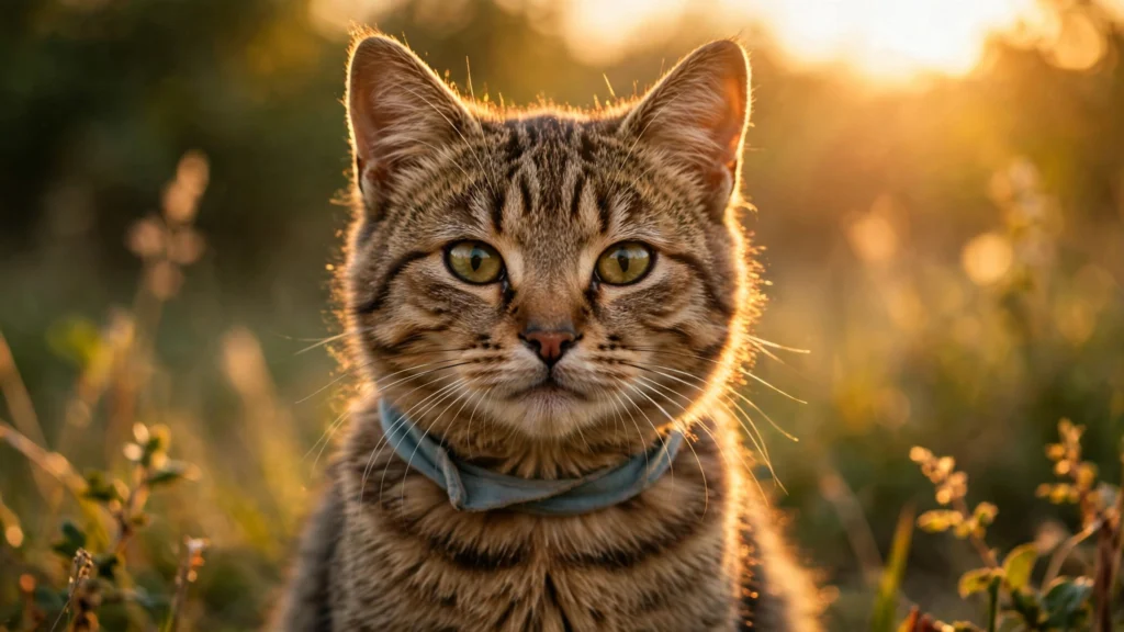 Rescued street cat looking at camera