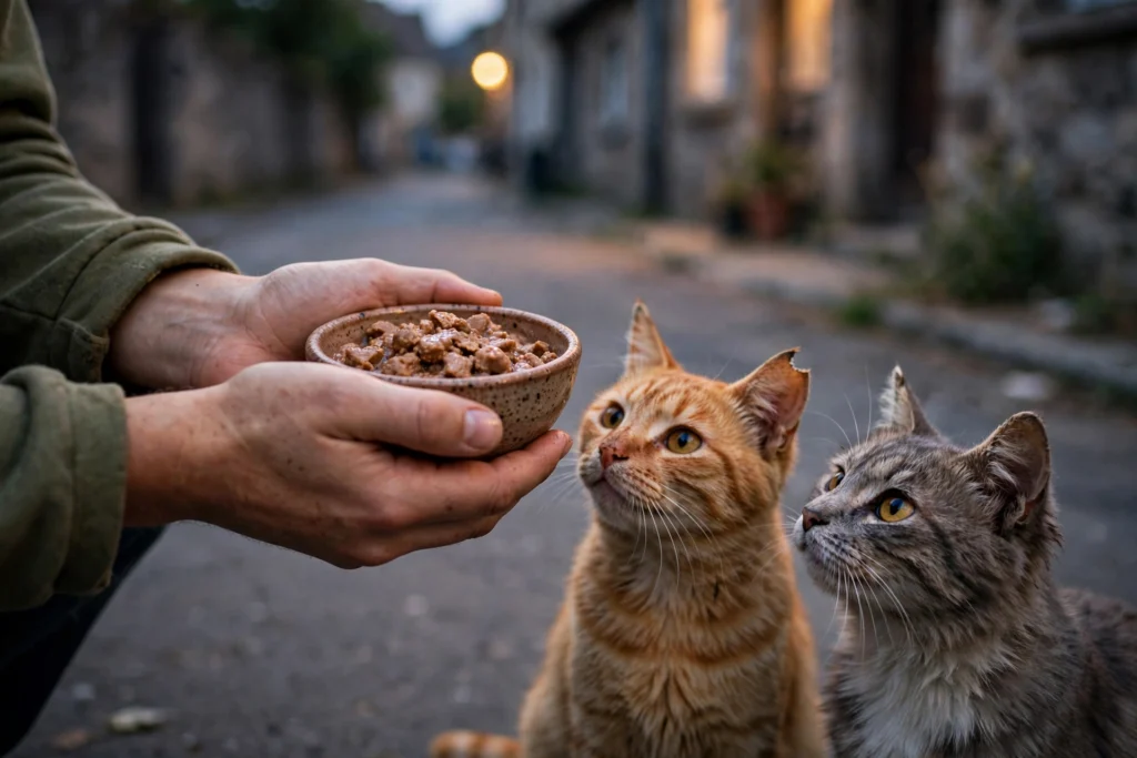 Volunteer feeding stray cats