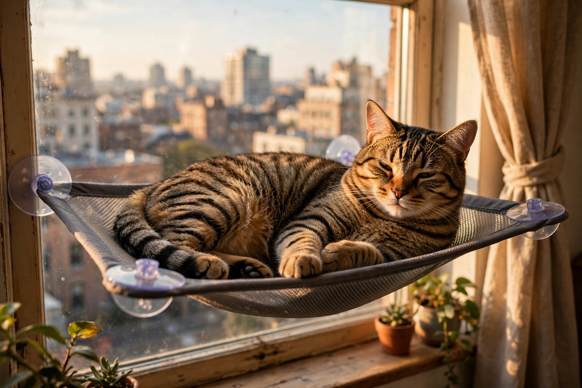 Cat lounging on window hammock