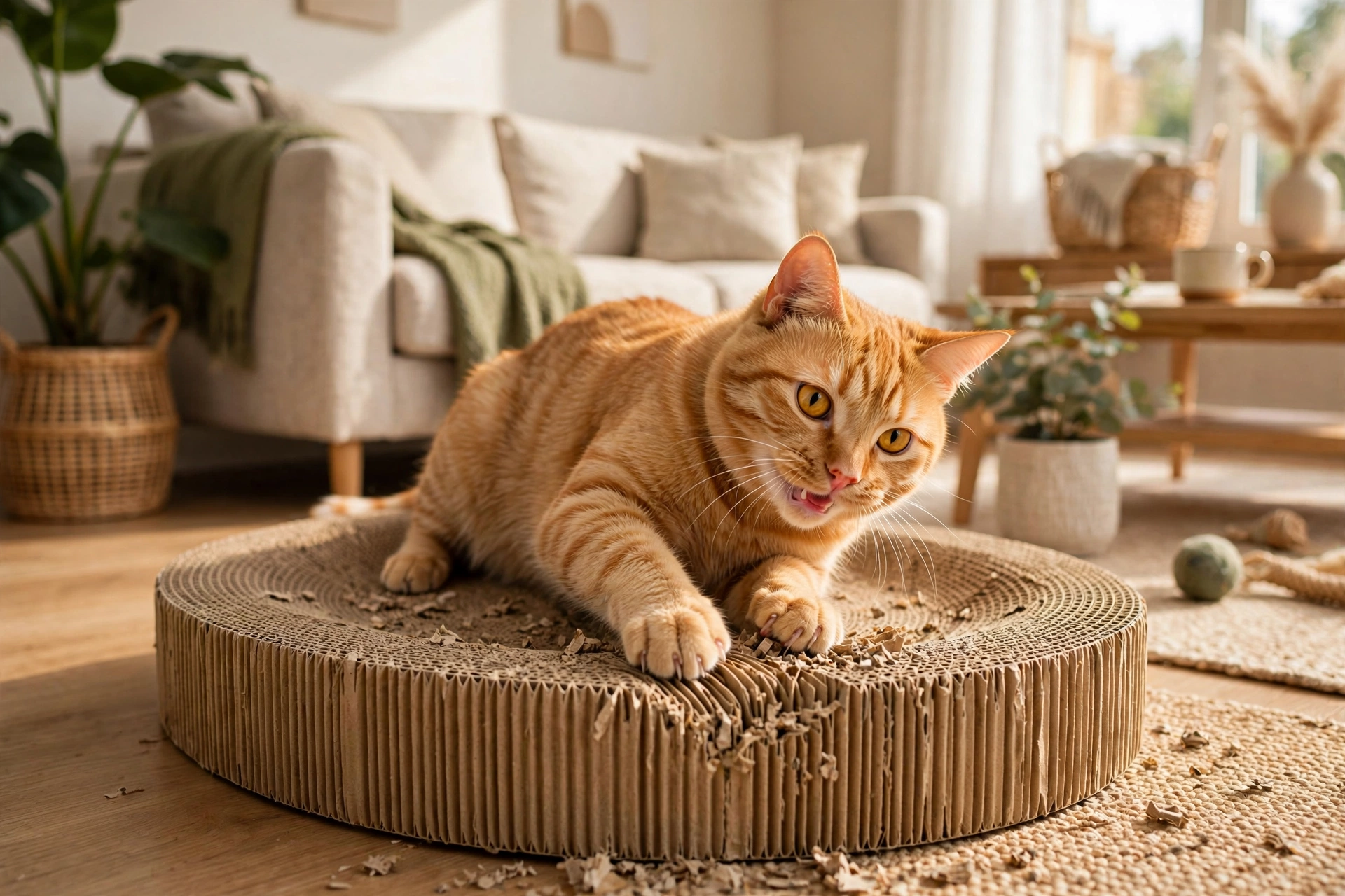 Cat scratching on cardboard lounge
