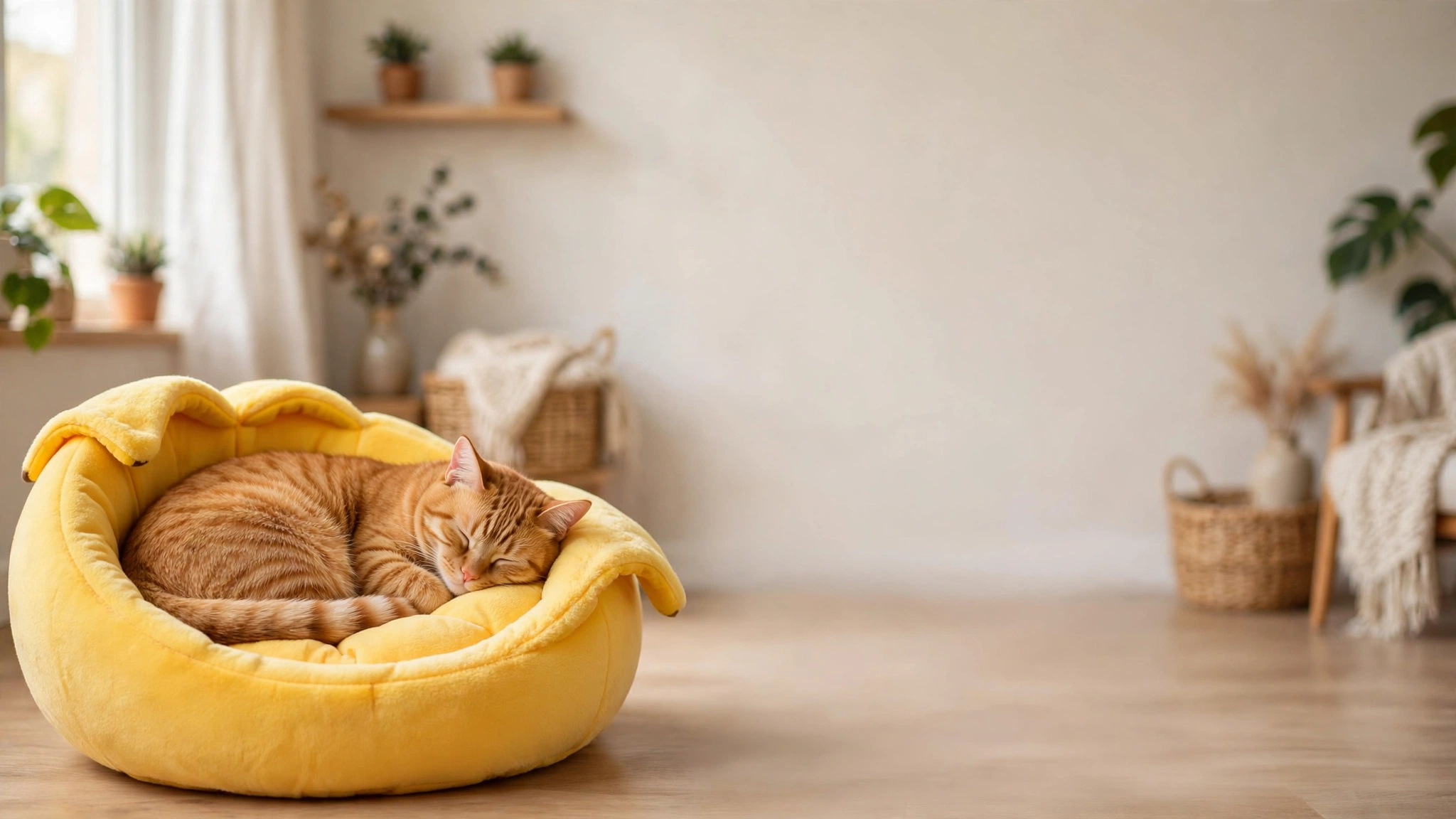 Cat sleeping in banana bed