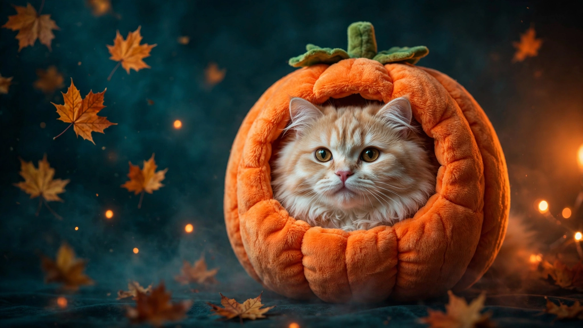 Cat in pumpkin costume for Halloween