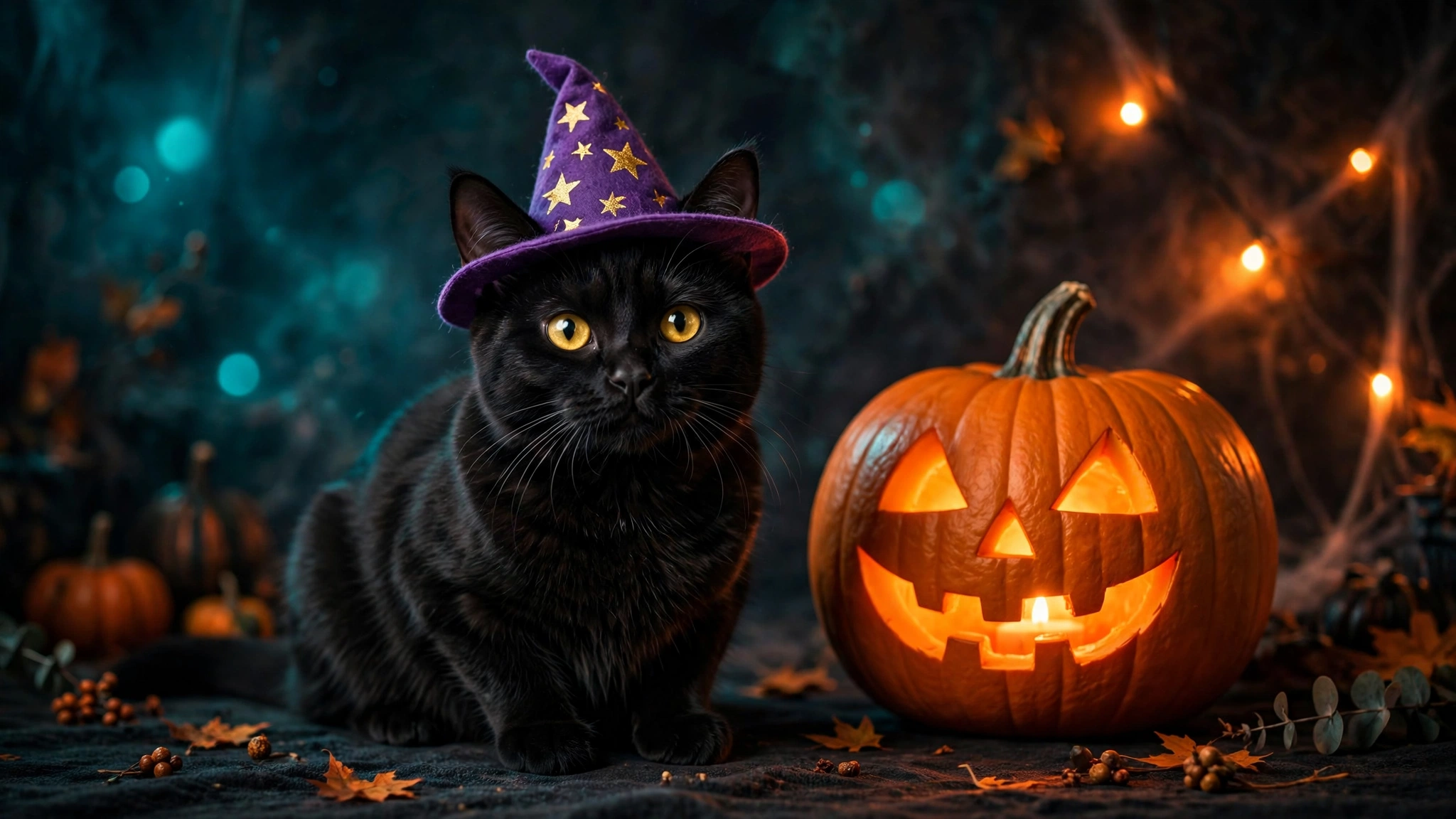 Cat in witch costume for Halloween